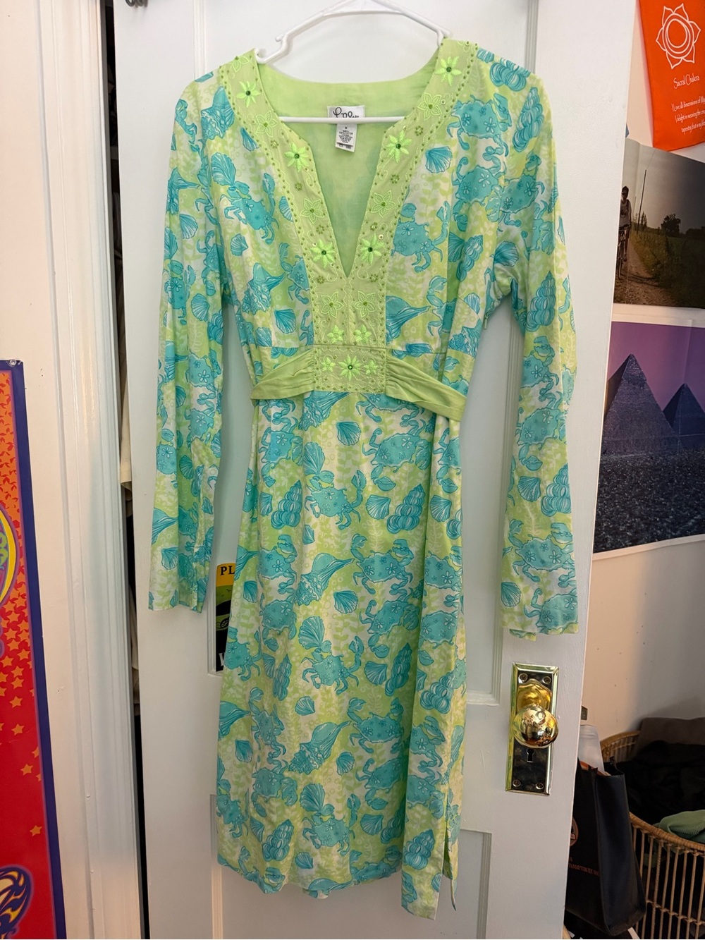 Lilly pulitzer vintage masey chillin crab seashell green blue embroidered dress